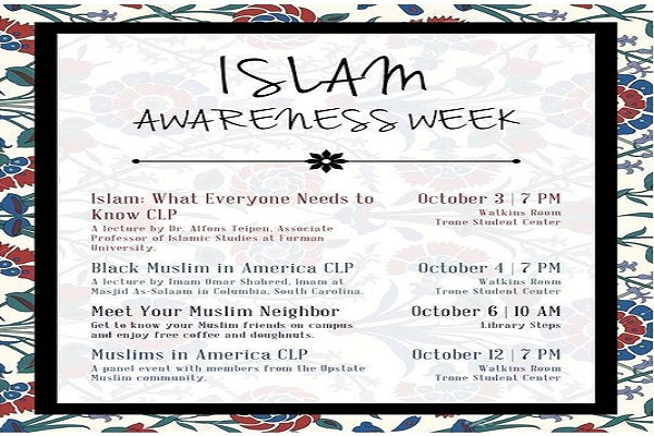 What activities are planned in Greenville for Islam Awareness Week?