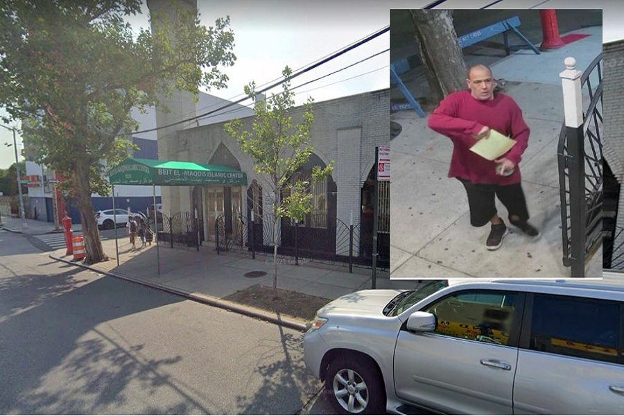  Surveillance image of the man suspected of leaving hate notes at a Sunset Park mosque. Image via Google Maps; inset courtesy of NYPD 