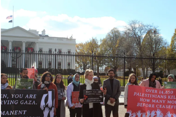 Cynthia Nixon, flanked by Palestinian rights advocates, speaks at the launch of a hunger strike outside the White House on November 27