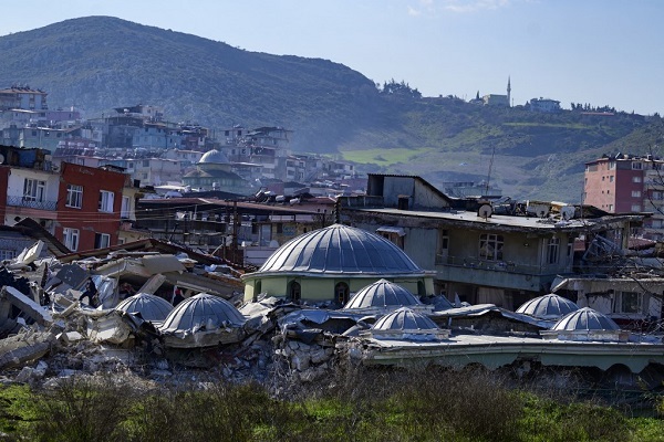 This photograph taken on February 10, 2023 shows the rubble of a destroyed mosque in Hatay.