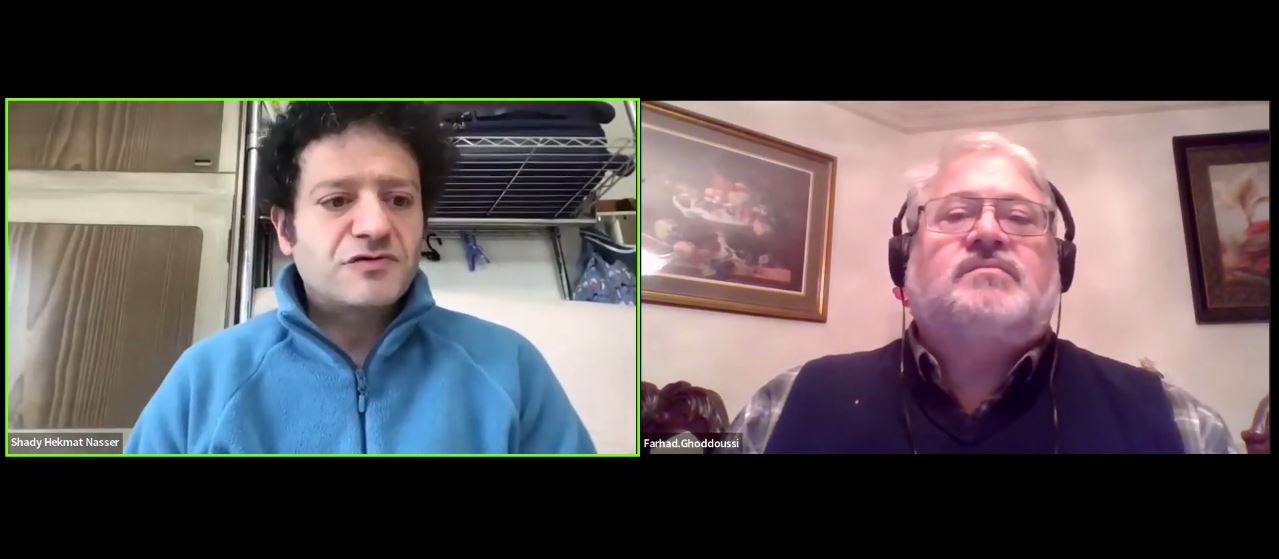 A screengrab that shows Shady Hekmat Nasser (L) addressing a webinar titled “The Transmission of the Quran and Its Variant Readings” hosted by Farhad Ghoddousi.