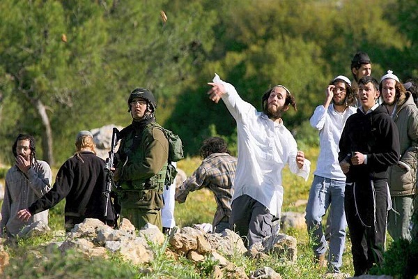 Zionist settlers attacking Palestinians under protection of Israeli regime forces.