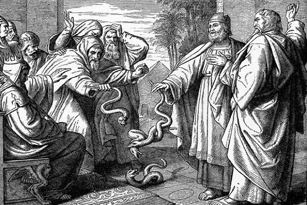 Magicians threw their sticks and ropes on the ground