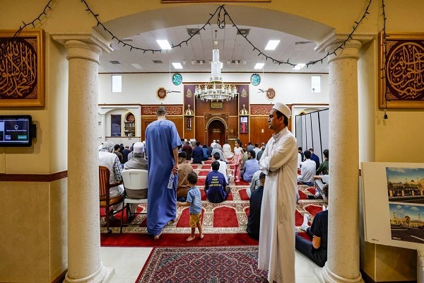 Worshippers at Greater Miami Mosque in Miami, Florida