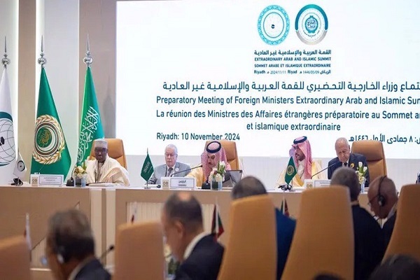 Saudi foreign minister Prince Faisal bin Farhan heads the preparatory ministerial meeting for the extraordinary Arab and Islamic summit ahead of the session on November 11, 2024.