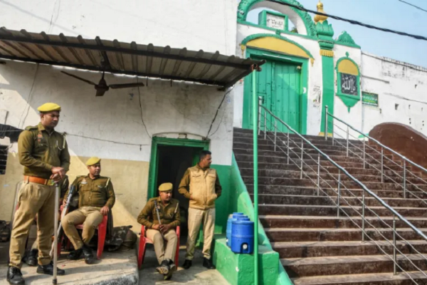 Police are deployed outside the Shahi Jama Masjid after clashes between Muslim protesters and the men in uniform in Sambhal, November 25, 2024.