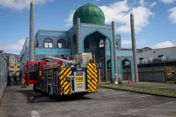 Firefighters at a mosque in Auckland, New Zealand, after an arson attack on November 5, 2024