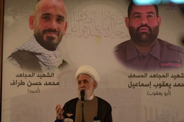 Sheikh Naim Qassem addressing a commemoration ceremony for the martyrs of Hezbollah in Beirut
