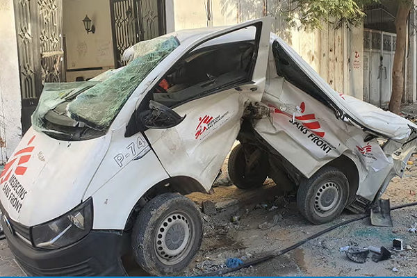 Five Médecins Sans Frontières vehicles parked in front of its clinic in Gaza were struck by the Israeli regime in November