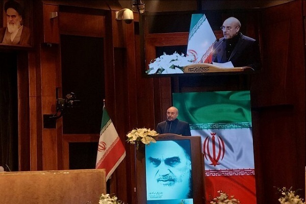 Iran’s Parliament Speaker Mohammad Bagher Ghalibaf addressing an international conference on Gaza in Tehran on June 1, 2024.