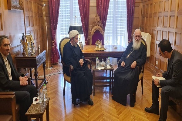 Head of the Islamic Culture and Relations Organization (ICRO) Hojat-ol-Islam Mohammad Mehdi Imanipour and Patriarch Ieronymos II, the Archbishop of Athens and All Greece meet in Athens