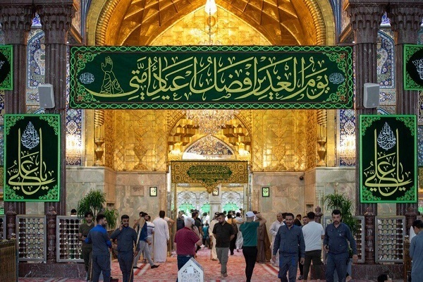 Holy shrine of Imam Hussein (AS) in Karbala, Iraq, decorated with green banners ahead of Eid al-Ghadir.