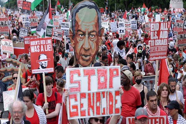 Activists participate in a pro-Palestinian protest near the US Capitol in Washington on July 24, 2024.