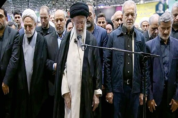 Leader of the Islamic Revolution Ayatollah Seyed Ali Khamenei, other Iranian officials perform funeral prayer for Ismail Haniyeh in Tehran on August 1, 2024.