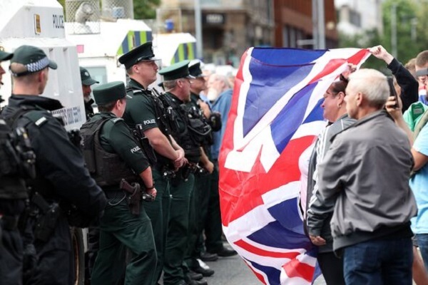 Anti-Islam, anti-racism protesters face off in Belfast, Northern Ireland, on July 3, 2024