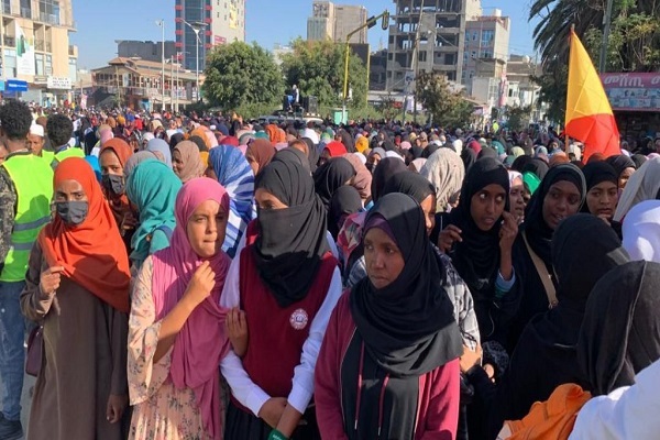 Protesters gather at Romanat Square in Mekelle, Ethiopia on January 21, 2025, protesting against the failure of schools to comply with directives allowing Muslim students to wear hijabs in schools.