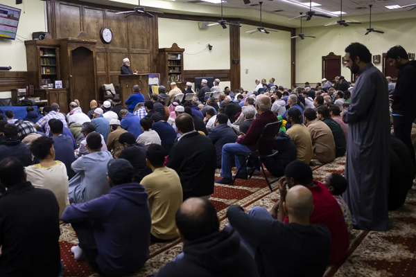 Muslims praying at Houston's Medical Center Islamic Society on January 3, 2025.