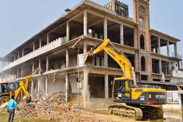An under construction three-story mosque was demolished in Kushinagar, India’s Uttar Pradesh, on February 9, 2025.