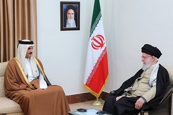 Emir of Qatar Sheikh Tamim bin Hamad bin Khalifa Al Thani, met with Leader of the Islamic Revolution Ayatollah Seyed Ali Khamenei in Tehran on February 19, 2025.