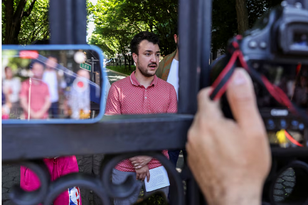 Mahmoud Khalil speaks to members of media about the Revolt for Rafah encampment at Columbia University during the ongoing conflict between Israel and the Palestinian Islamist group Hamas in Gaza, in New York City, US, June 1, 2024.