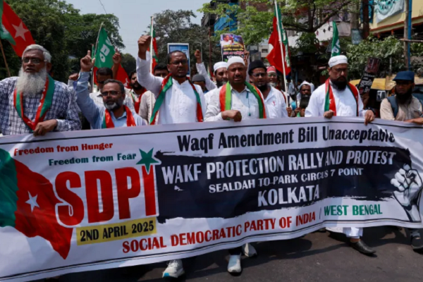 Social Democratic Party members march to protest against the Waqf Amendment Bill in Kolkata, India, on April 2, 2025