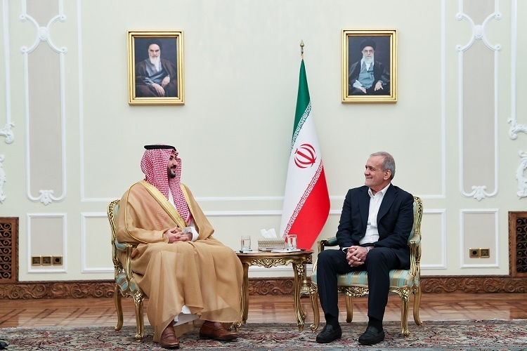 Saudi Defense Minister Prince Khalid bin Salman Al Saud met with Iran President Masoud Pezeshkian in Tehran on April 17, 2025.