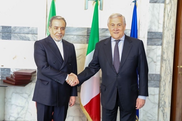 Iranian Foreign Minister Abbas Araghchi and his Italian counterpart Antonio Tajani in Rome on Saturday, April 19, 2025.