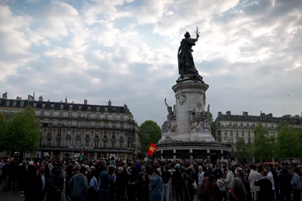 Demonstrators gathered at anti-Islamophobia demonstration in Paris to pay tribute to Muslim worshipper killed in mosque, Sunday, April 27, 2025.