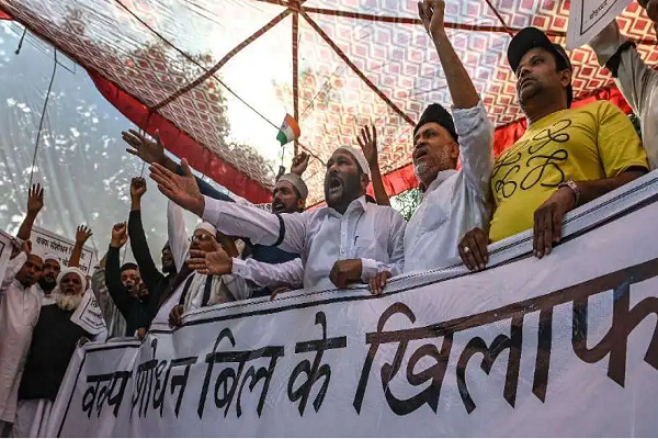 Muslims shout slogans at a protest after their Friday prayers in Jalandhar on April 4 against the Waqf (Amendment) Bill passed by the Indian parliament on April 3