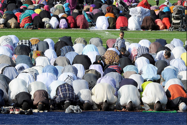 American Muslims performing Eid al-Adha prayers