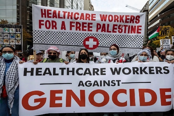 Health care workers at a demonstration in Washington demand a ceasefire in Gaza. (File photo)