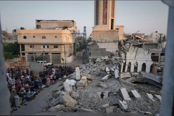 Palestinians across the Gaza Strip observed Eid al-Adha prayers on June 6, 2025, on ruins of mosques destroyed during the Israeli regime’s genocidal war on the enclave.