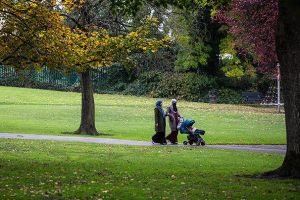 Muslim women in a park in Bradford, the UK.