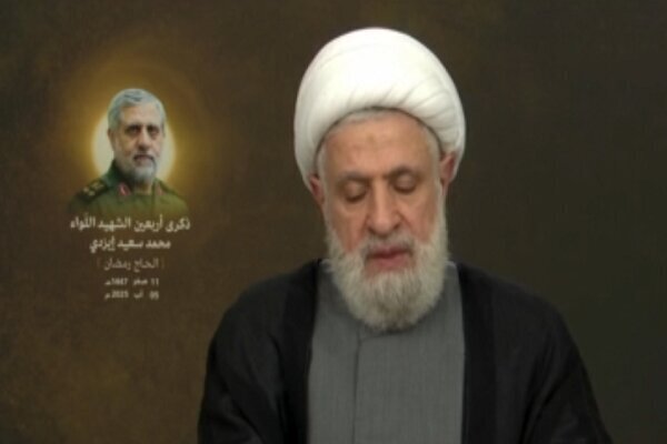 Hezbollah Secretary Genera Sheikh Naim Qassem speaking during a ceremony marking the 40th day of martyrdom of Major General Mohammad Saeed Izadi (August 5, 2025)