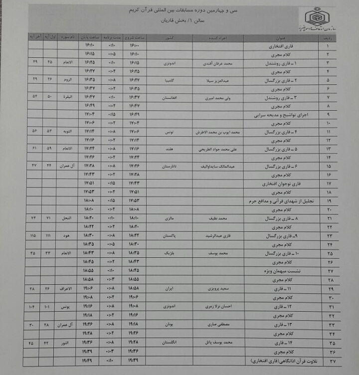 جدول نوبت عصر