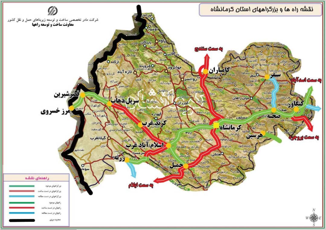 نقشه جاده&zwnj;ها و بزرگراه&zwnj;های استان کرمانشاه ویژه زائران اربعین