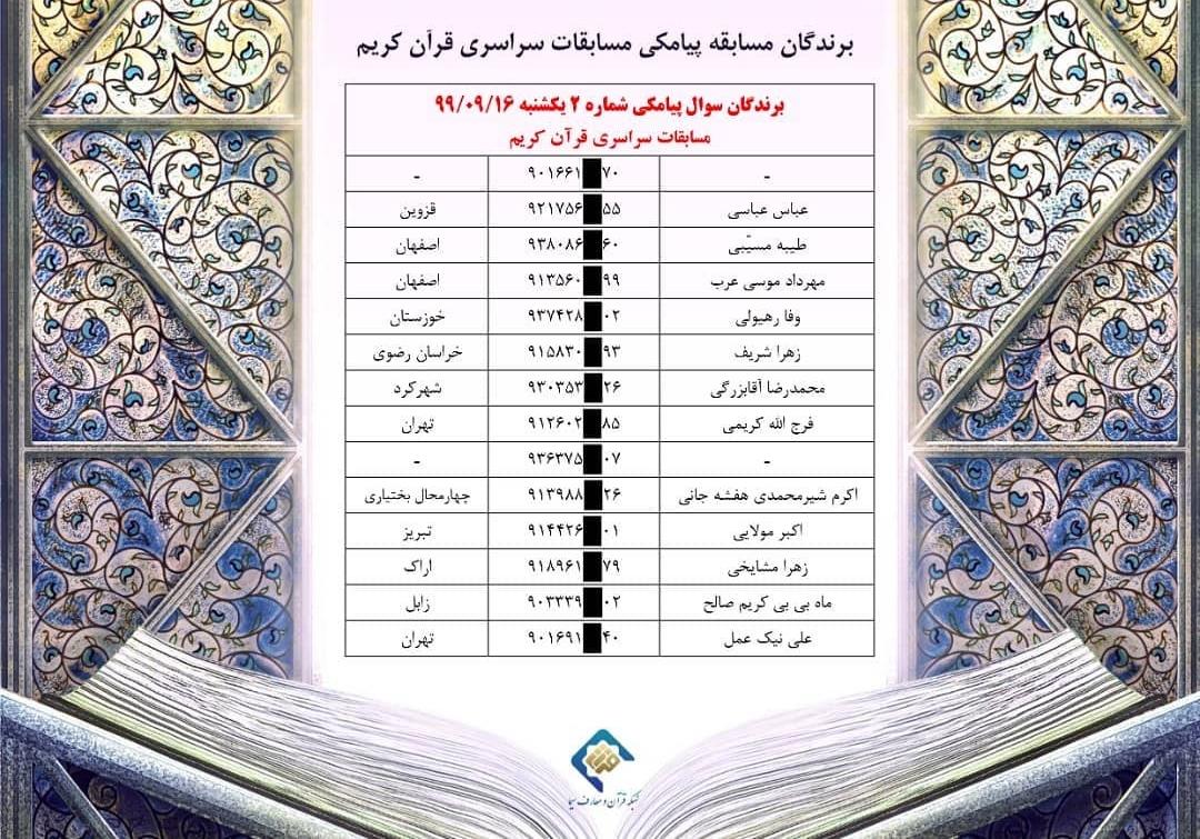 مسابقه پیامکی شب سوم مسابقات سراسری قرآن کریم