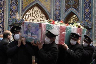 فیلم | طواف پیکر شهید فخری‌زاده در حرم مطهر رضوی