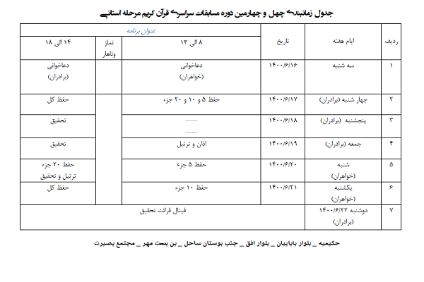 اعلام برنامه زمانی مسابقات قرآن استان تهران اعلام برنامه زمانی مسابقات قرآن استان تهران