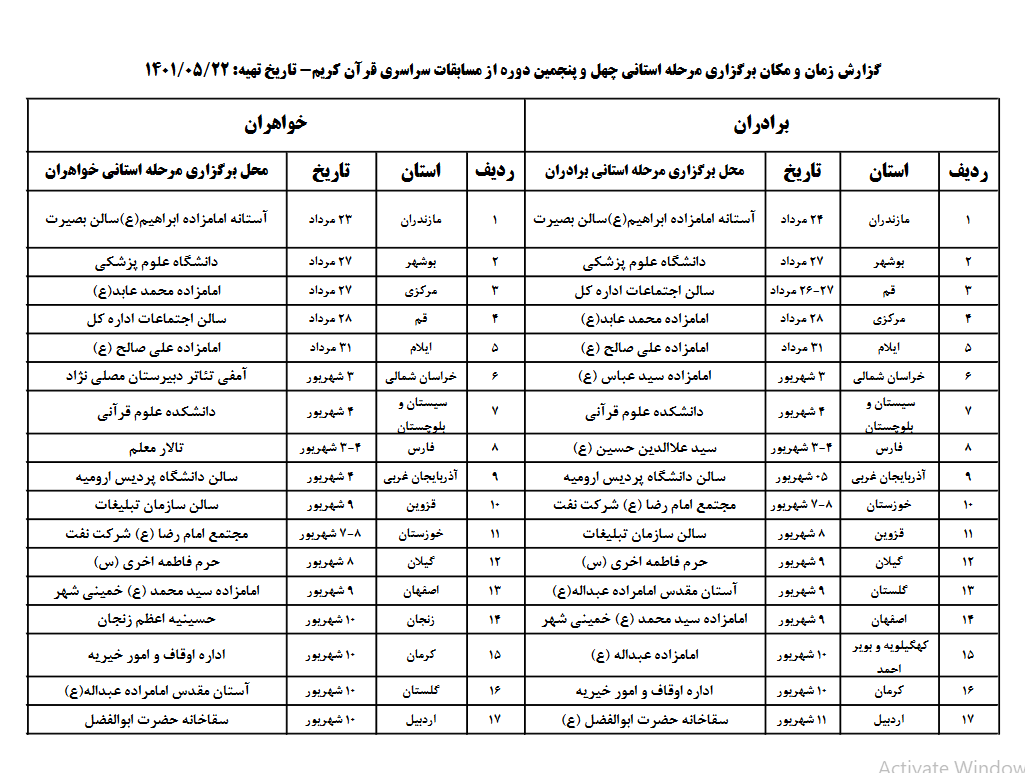اعلام زمان مرحله استانی مسابقات قرآن سازمان اوقاف + جدول
