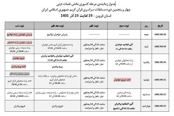 اعلام برنامه زمانی مرحله نهایی بخش نغماتی مسابقات سراسری قرآن