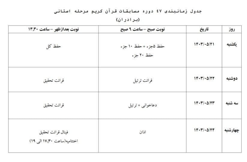 اعلام برنامه زمانی مسابقات قرآن استان تهران اعلام برنامه زمانی مسابقات قرآن استان تهران