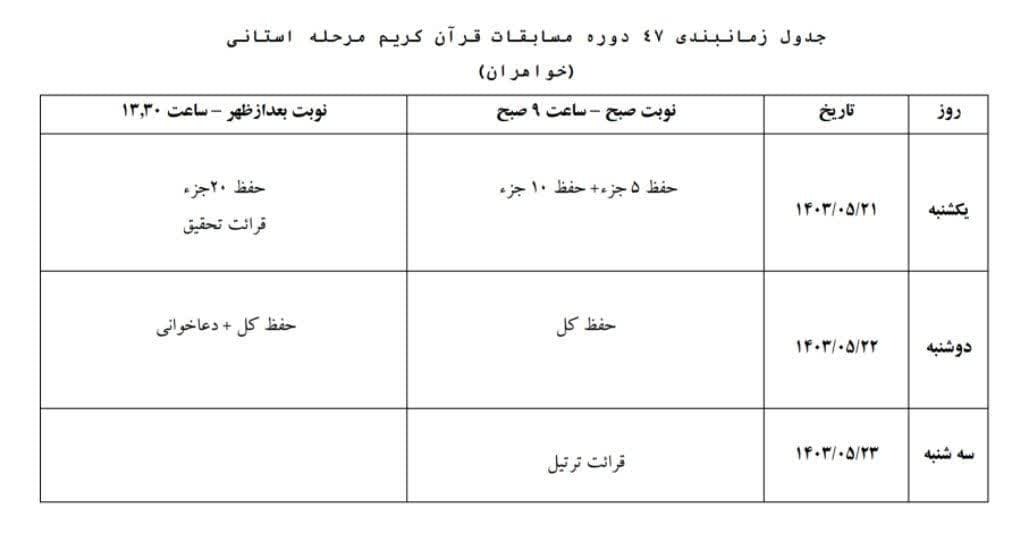 اعلام برنامه زمانی مسابقات قرآن استان تهران اعلام برنامه زمانی مسابقات قرآن استان تهران