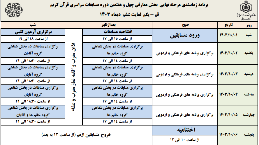 اعلام برنامه زمانی بخش معارفی مسابقات سراسری قرآن