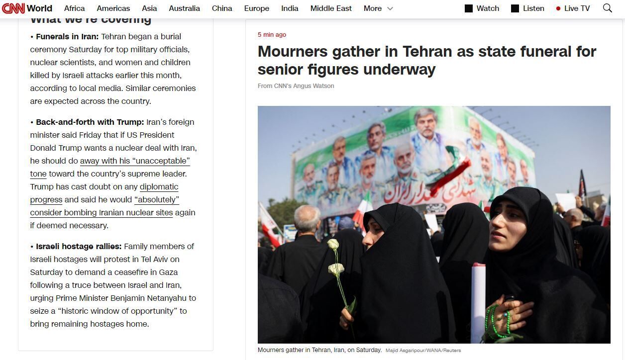 بازتاب مراسم تشییع پیکر شهدای حملات رژیم صهیونیستی در رسانه‌های خارجی