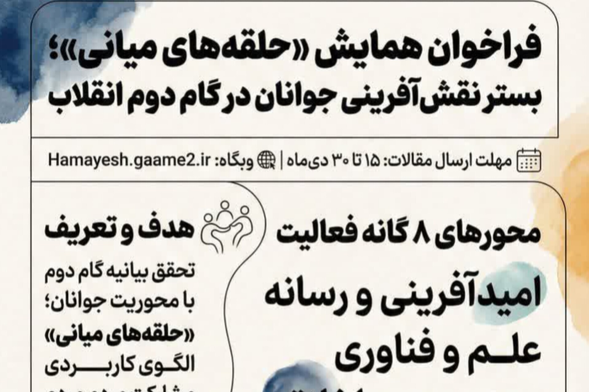 فراخوان همایش «حلقه‌های میانی» با محوریت نقش‌آفرینی جوانان در گام دوم انقلاب منتشر شد